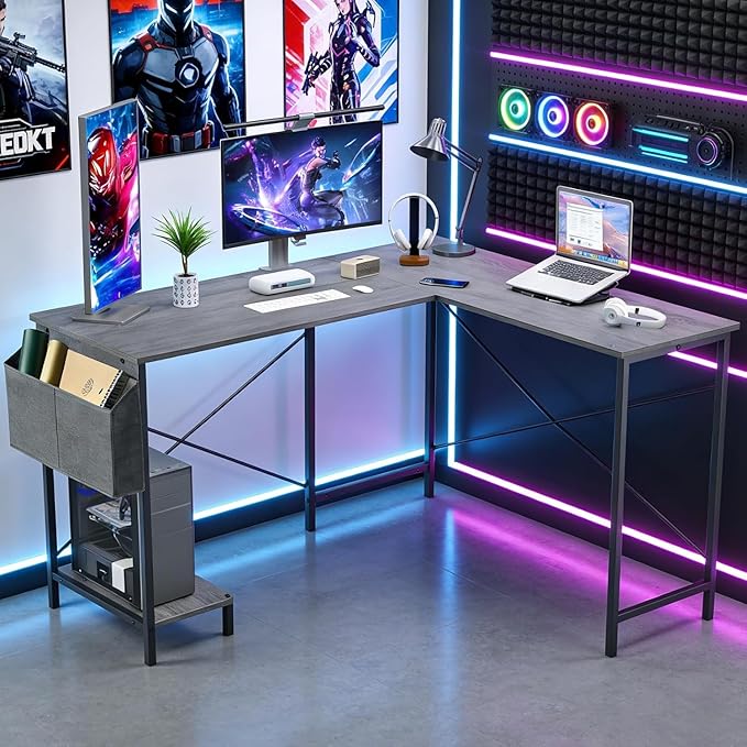 L Shaped Desk, 50 Inch Reversible Computer Desk Corner Gaming Table with CPU Stand & Storage Bag, Sturdy Metal Frame PC Workstation for Home Office, Light Gray Wood