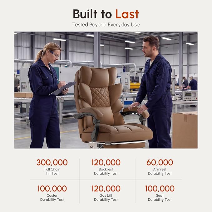 Dowinx Big and Tall Office Chair with Pocket Spring Cushion,High Back Computer Gaming Chairs with Linkage Armrests,Executive Desk Chairs with Footrest,PU Leather-Brown