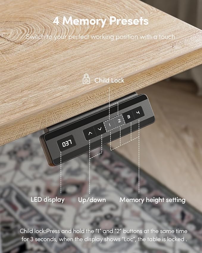 CubiCubi 48 x 24 Large One-Piece Standing Desk, Adjustable Height Electric Computer Home Office Sit Stand up Workstation, with 4 Memory Presets, Headphone Hook, Maple