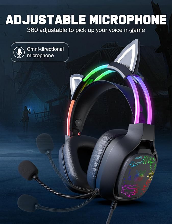 ONITOON Gaming Headset with Microphone, RGB Lights, Detachable Cat Ear, Lightweight Over-Ear Headphones with Adjustable Headband for PC, PS4, PS5, Mac, Switch, Surround Sound, in-Line Control, Black