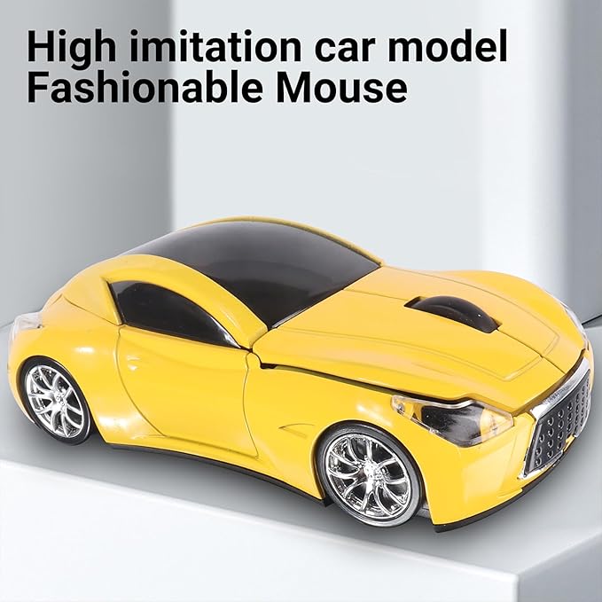 elec Space Wireless Mini Mouse with Case - Cute Sports Car Shape, Lightweight & Portable, 10m Range, Plug and Play (Yellow)