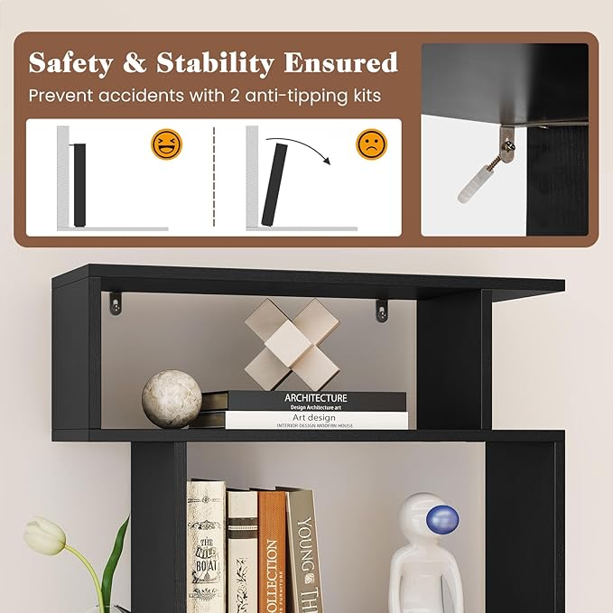 Giantex 6-Tier Geometric Bookshelves Set of 2, S-Shaped Bookcase with 2 Anti-Tipping Kits, Wooden Display Shelf, Decorative Storage Shelving Unit, Home Storage Organizer for Office Living Room, Black
