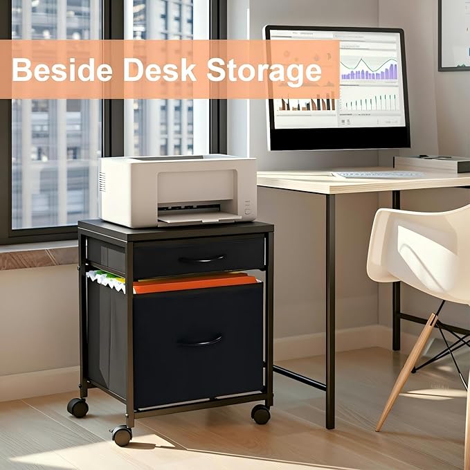 AceOrbit Printer Stand Rolling Mobile File Cabinet Cart with 2 Fabric Drawers A4 Letter Size Beside, Vertical Filing Cabinet on Lockable Wheel with Storage Under Desk for Home Office(Black)