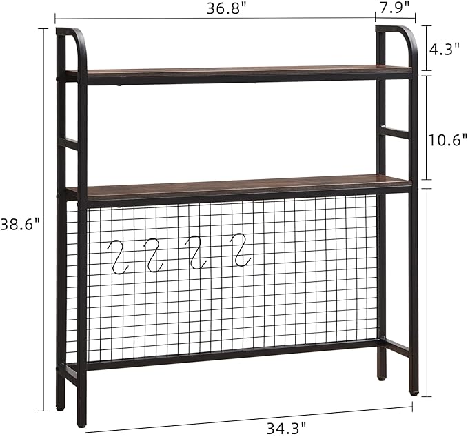 Desktop Hutch Shelf Organizer, 2-Tier Metal & MDF Desk Bookshelf with Grid Panel and Hooks for Office & Dorm (Rustic Brown, 36.8")