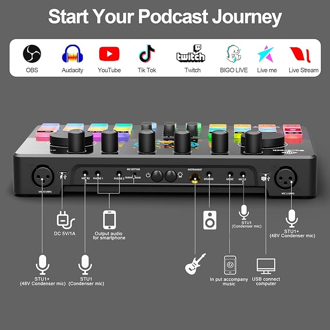Podcast Equipment Bundle for 2 with Dual 48V XLR Condenser Micophones with Mic Pop Filters Audio Equipment for Live Streaming/Recording, Online Gaming for Phone/Laptop/PC Audio Interface M100