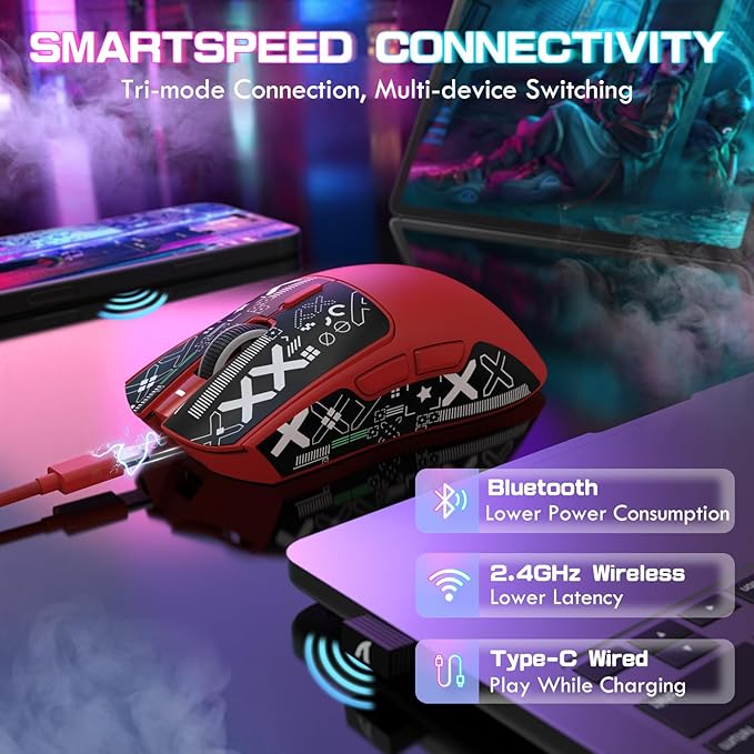 ATTACK SHARK X1 Ultralight Wireless Gaming Mouse with Magnetic RGB Charging Dock,Anti Slip Grip Tape,PixArt PAW3395 Pro Sensor,40000DPI,BT/2.4Ghz/Wired,Optical Micro Switch for PC Mac Gamer(Red)