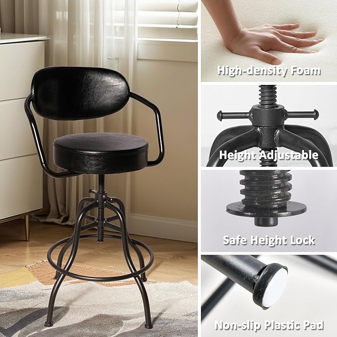 Industrial Office Chair with Backrest 21.7-25.6inch Height Adjustable Vintage Bar Stool with Swivel PU Seat Rustic Drafting Drawing Chair for Workbench Office Desk
