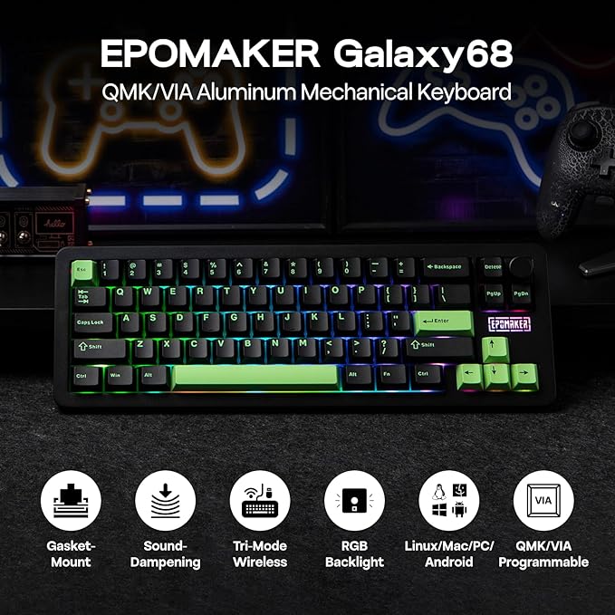 EPOMAKER Galaxy68 QMK/VIA Wireless Mechanical Keyboard, Anodized Aluminum, TOP/Gasket, 6000mAh, RGB Side/Backlight, 65% Gaming Keyboard with Hot-Swap Creamy Switch (Black, Wisteria Linear Switch)