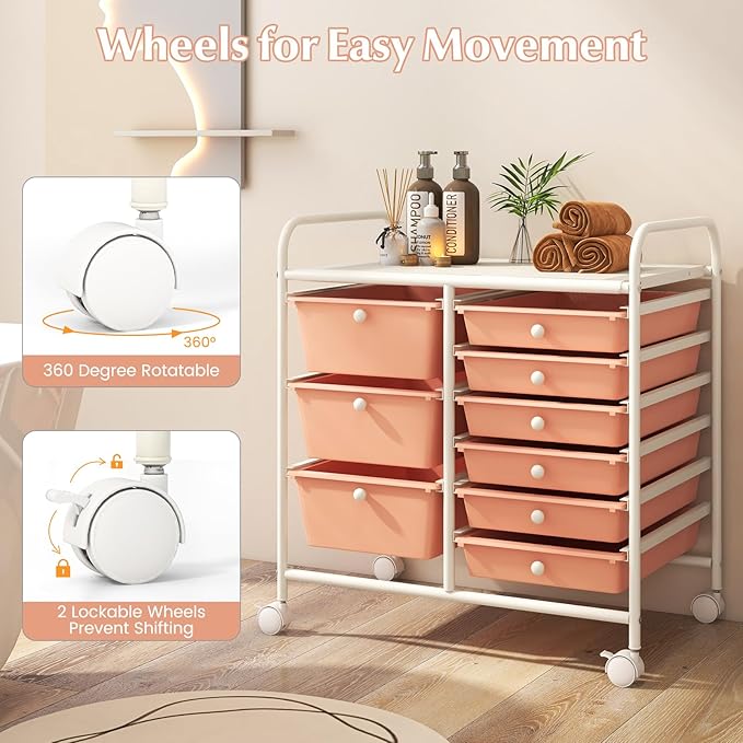 Moccha 9-Drawer Rolling Storage Cart - Under Desk Storage Drawers with wheels for Craft Art Supply Paper Salon, Scrapbook Paper Tools, Mobile Utility Cart for Classroom, Peach