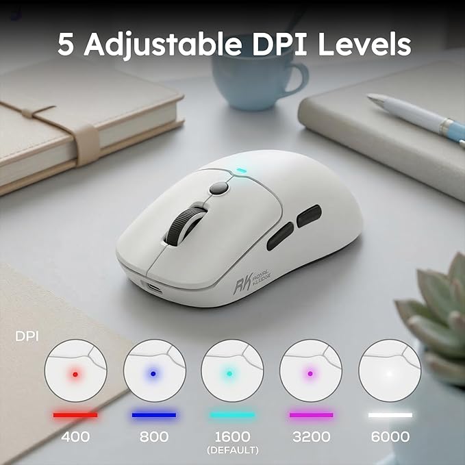 RK ROYAL KLUDGE MO1 Wireless Mouse, 55g Ultra-Lightweight Computer Mice, 6 Programmable Buttons, 2.4GHz/Bluetooth/Wired, 6000 DPI Optical Sensor, White