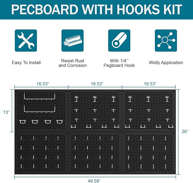 Metal Peg Board Kit with 1/4" Pegboard Accessories,Include 16.5"X13" Peg Board and Extra Thick Pegboard Accessories,Wall Organizer PegBoard Panels Tool Organizer Storage System (128)