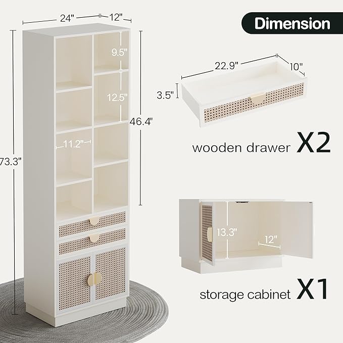 ModernMate Home Office Furniture Sets, 63" L Shaped Standing Desk with Drawers, Height Adjustable Electric Executive Office Desk with 73" Bookshelf and Power Outlet, White Rattan