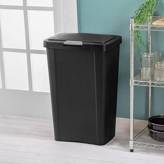Sterilite 13 Gallon TouchTop Narrow Plastic Wastebasket with Secure Titanium Latch for Kitchen, Bathroom, and Office Use, Black (12 Pack)
