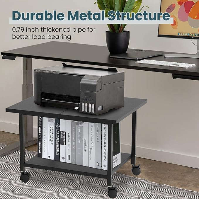 SwaaVee Printer Stand with Storage Under Desk Shelf, Desktop Printer Stand Organizer, Rolling Printer Cart Storage Paper Files Holder for Desk, Office, Home, (Black)