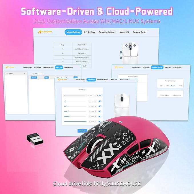 ATTACK SHARK X11SE Lightweight Wireless Gaming Mouse, 59g Tri-Mode BT/2.4G Wireless/Wired Gaming Mouse, PixArt PAW3311 Gaming Sensor, 22000 DPI, Office Mice with Tape for PC/Xbox/Win/Mac(Magenta)