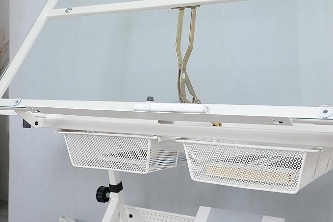 Glass Drafting Table Art Desk – Adjustable Professhional Artwork Drawing Drafting Table Desk, Glass-Topped Art Table for Craft Station Studio Home Office School w/Drawers (White)