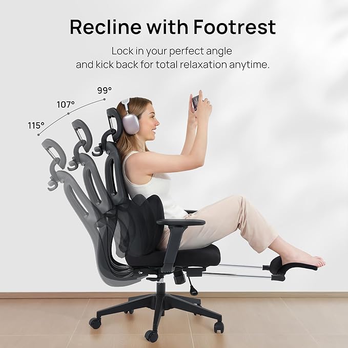 CabLady S1 Petite Ergonomic Home Desk Chair with Footrest and Headrest, High Back Fixed Lumbar Support with Detachable Pillow, Reclining Cute Office Chair for Women & Girls, 300 LBS Capacity