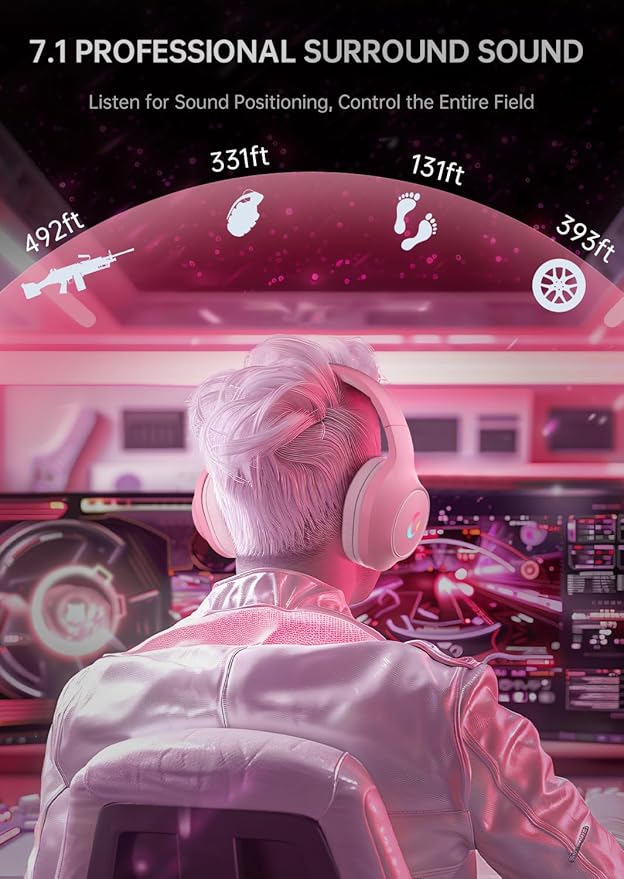 syndesmos CM7002 Gaming Headset for PS5, PS4, PC, Mac, Switch, Xbox Series, Surround Sound RGB Gaming Headphones with Noise Canceling Microphone, 50MM Dynamic Drivers, 3.5MM Audio Jack, Light Pink