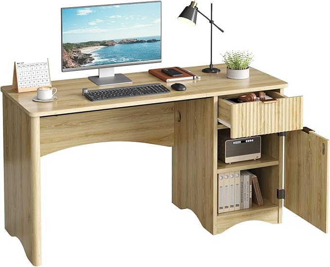 Bestier 47 inch Fluted Computer Desk with Drawer, Office Desk with File Cabinet, Modern Wood Desk with Storage Cabinet for Home Office Bedroom Study, Natual Oak