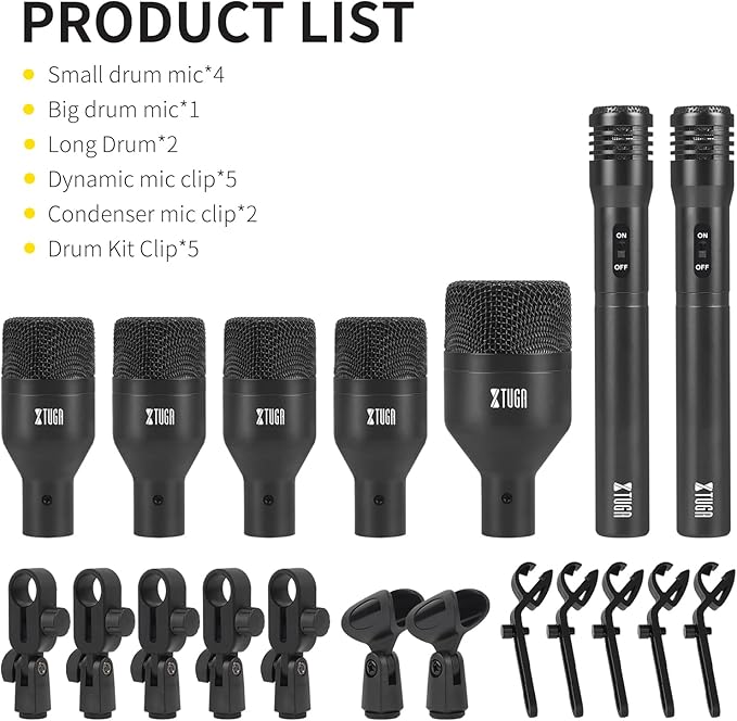 XTUGA DI7 7-Piece Drum Microphone Kit – No XLR Cable Needed, Metal Kick/Bass Drum Mic, Tom/Snare & Cymbal Mics with Clips, for Stage Performances & Studio Recording