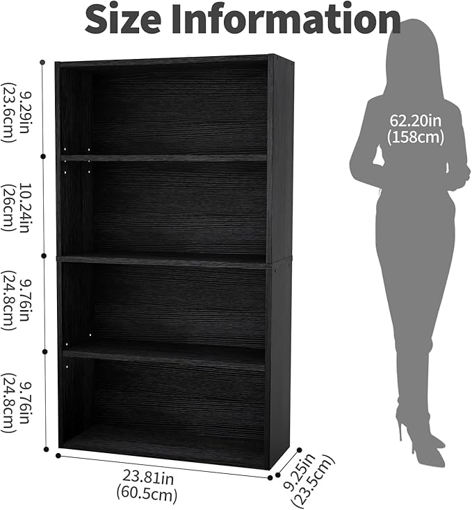 Sweetcrispy Industrial 4 Shelf Bookcase - Large 42.1 Inch Tall Floor Standing Open Bookshelf for Home Office, Living Room, and Bedroom Storage, Classic Black
