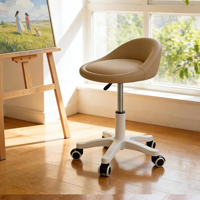 Swivel Rolling Stool with Wheels, Height Adjustable PU Leather Drafting Chair, Round Seat for Salon, Spa, Tattoo, Office, Home Use Khaki Set of 1