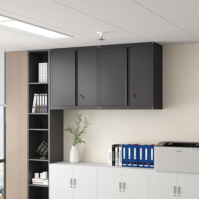 IRONFFICE Metal Storage Cabinet,Garage Wall Cabinets with Locking Doors,Black Metal Cabinet with Adjustable Shelf for Home Office,Utility Room
