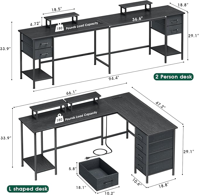 Korfile 66" L Shaped Computer Desk, 94.4'' Home Office Desk with Power Outlets, 4 Adjustable Storage Drawers & 2 Monitor Stands, Large Two Person Gaming Table for Writing Study, Black