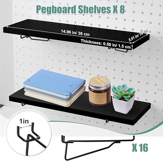 Qunclay 8 Pack Pegboard Shelf Set Wooden Shelves with Metal Brackets Hook Wall Pegboard Shelving Heavy Duty Accessories for Crafts Home Office Garage Workbench(Black)