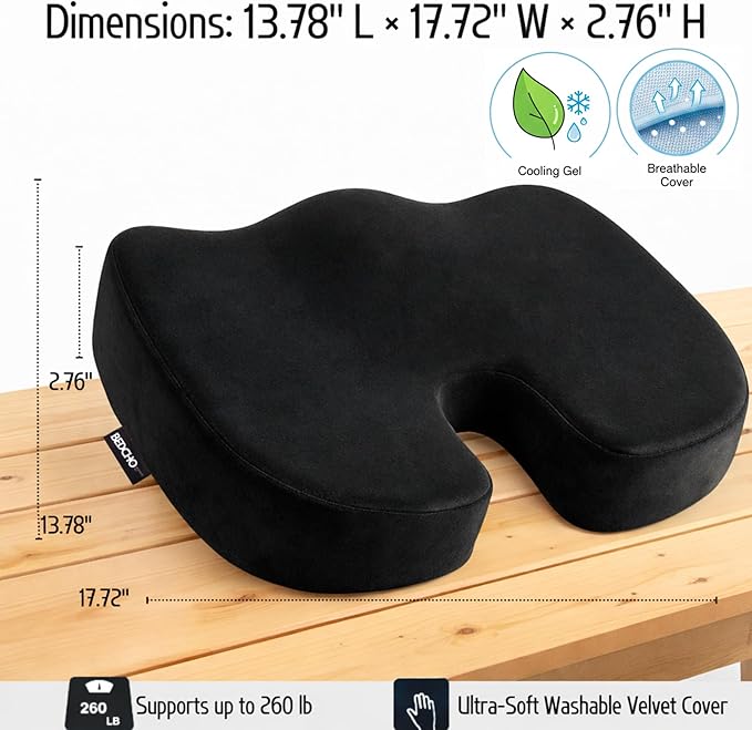 Seat Cushion For Tailbone Pain Relief – Ergonomic Gel Memory Foam Pad for Sciatica & Lower Back Support, Perfect for Office, Car, Truck, Gamer, Airplane, Wheelchair & Home, Bonus Pill Case Included