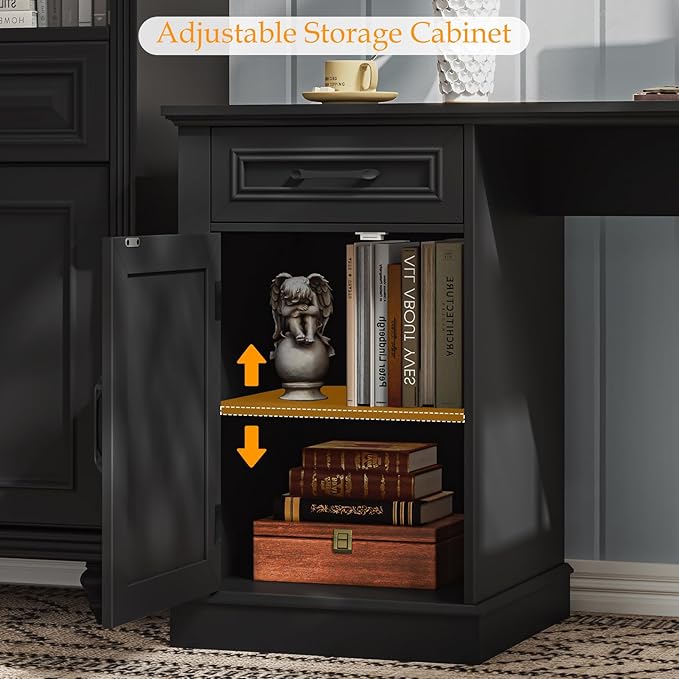 Vabches Farmhouse 59" L-Shaped Executive Desk with Drawers, Wood Home Office Corner Desk with Charging Station, File Drawer, Storage Cabinet, Rustic Computer Writing Desk for Home Office(Black