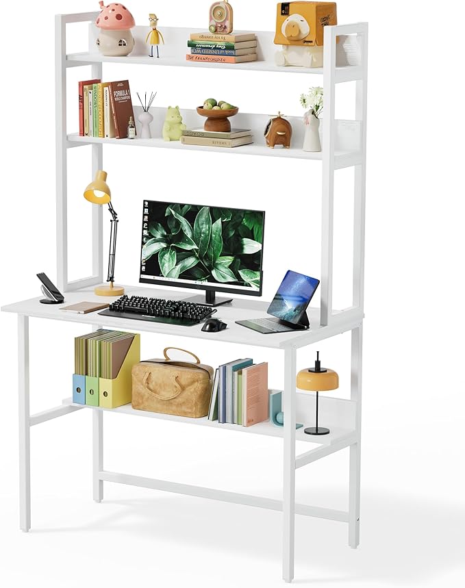 Aquzee Computer Desk with Hutch, 40“W x 19.6" D Desk with Shelves, Tall Home Office Desk with Bookshelf, Metal Legs Study Table with Upper Storage Shelf for Study Writing/Workstation, White