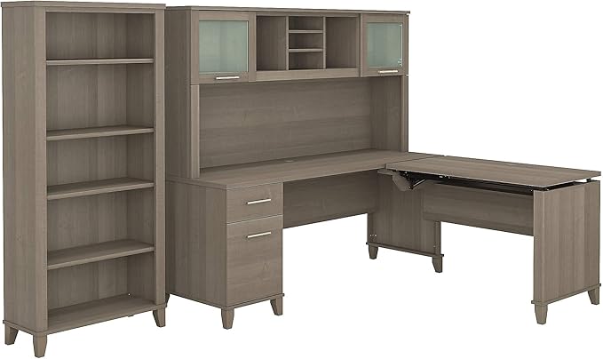 Bush Furniture Somerset 72W 3 Position Sit to Stand L Shaped Desk with Hutch and Bookcase in Ash Gray