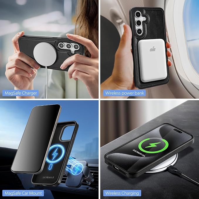 SkyEagle Compatible with Magsafe 2 in 1 Detachable Samsung Galaxy S25 Plus Wallet Case with Card Holder,Women Men Magnetic PU Leather RFID Blocking Flip Folio Kickstand Credit Slots,Black