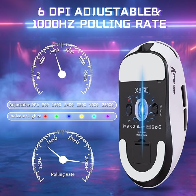 ATTACK SHARK X8SE Wireless Gaming Mouse,Adjustable 25K DPI PAW3311 Optical Sensor,Ergonomic 59g Lightweight,Triple Modes 2.4G/BT/USB-C,500mAH Battery,5 Programmable Buttons for PC/Mac-White&Griptape