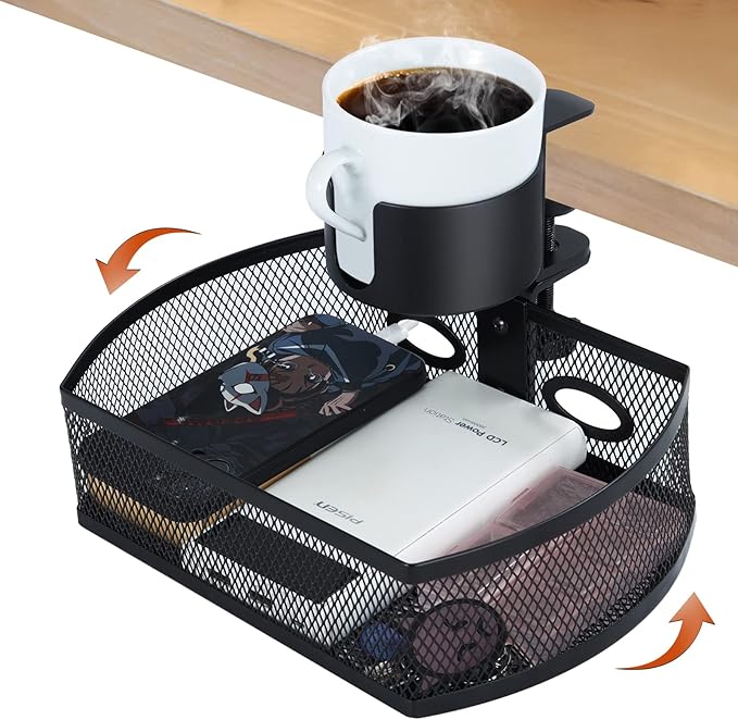 MASTLU Under Desk Organizer,Cup Holder,Table Management Tray, Swivel Pencil Drawer, Office No Drill Steel Organizers,360 Spin Hidden Storage Box with Sturdy C-Clamp,Easy Install (Black)