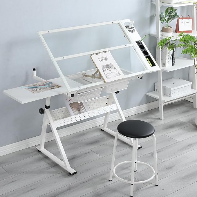 Drafting Table w/Stool, Height Adjustable Drawing Table, Multifunctional Art Craft Paintings Work Station w/2 Storage Drawers Artists Desk Tilting Glass Tabletop for Home Office White