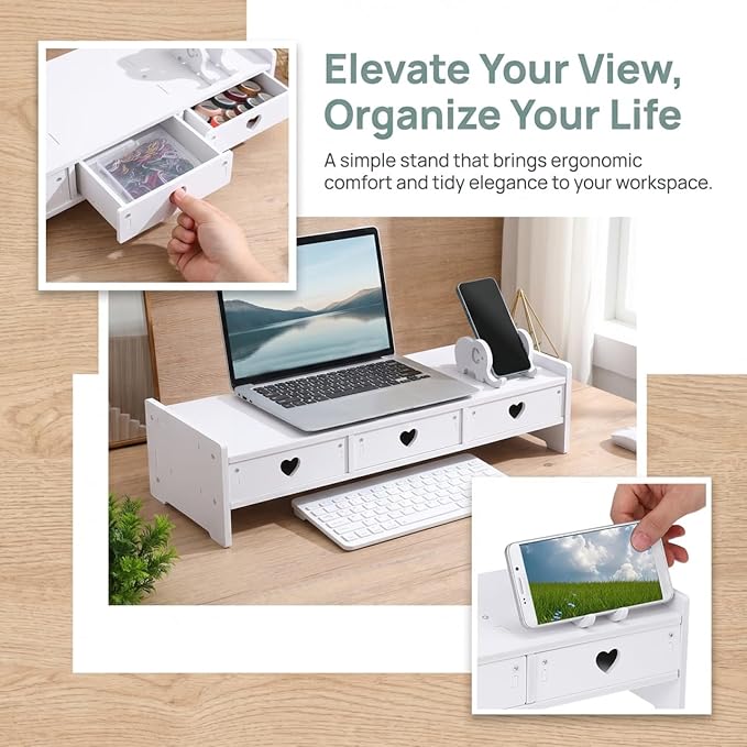 Tofficu Computer Monitor Stand Riser with 3 Drawers - Desktop Organizer with Phone Holder, White Desk Shelf for Laptop, Office Supplies & Workspace Storage