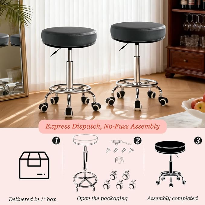Heavy Duty Round Rolling Stool 500lb, PU Leather 360-degree Support Full-Edge Cover Layer Drafting Chair with Wheels, Height Adjustable Swivel Stool with Footrest, 5-min Easy Assembly (Black)