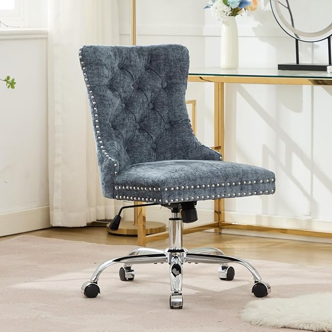 Goujxcy Desk Chair, Modern Chenille Upholstered Tufted Button Home Office Chair, 360° Swivel Armless Desk Chairs, 120°Rocking Ergonomic Computer Task Vanity Chairs, Light Blue