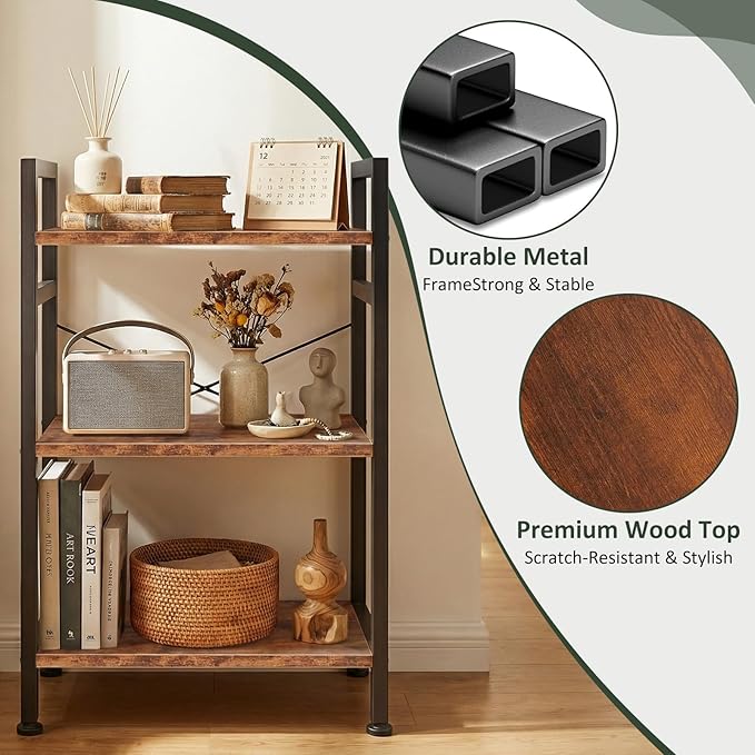 3 Tier Bookshelf, Free Standing Wooden Bookcase with Open Storage Shelves with Metal Frame, Sturdy Shelf Organization Display Rack for Living Room, Bedroom, Home Office, 27.6" Tall, Brown