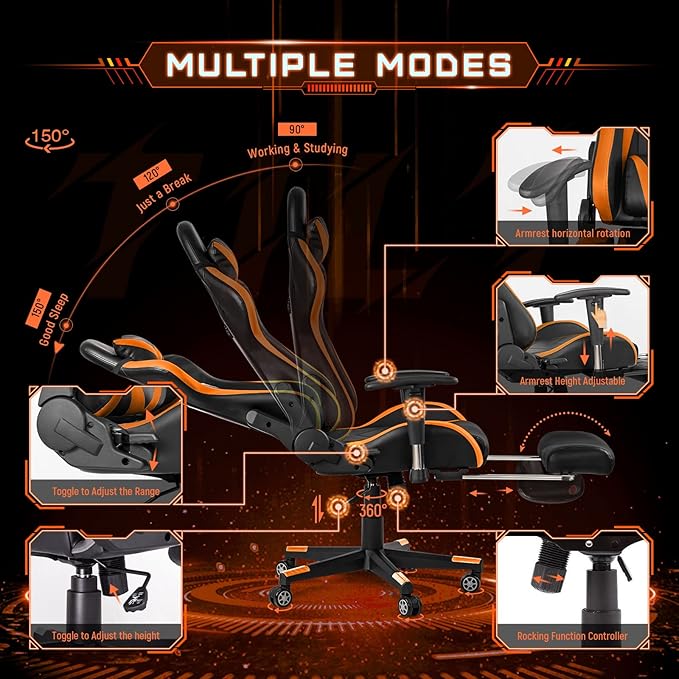 AA Products Gaming Chair High Back Ergonomic Computer Racing Chair Adjustable Office Chair with Footrest, Lumbar Support Swivel Chair - Orange