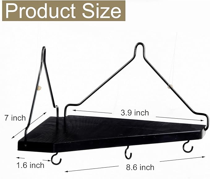Black Cubicle Corner Shelf with Hooks for Fabric Walls, 2 Pack 12'' Wooden Office Cubicle Accessories for Work, Floating Wall Shelf for Decor