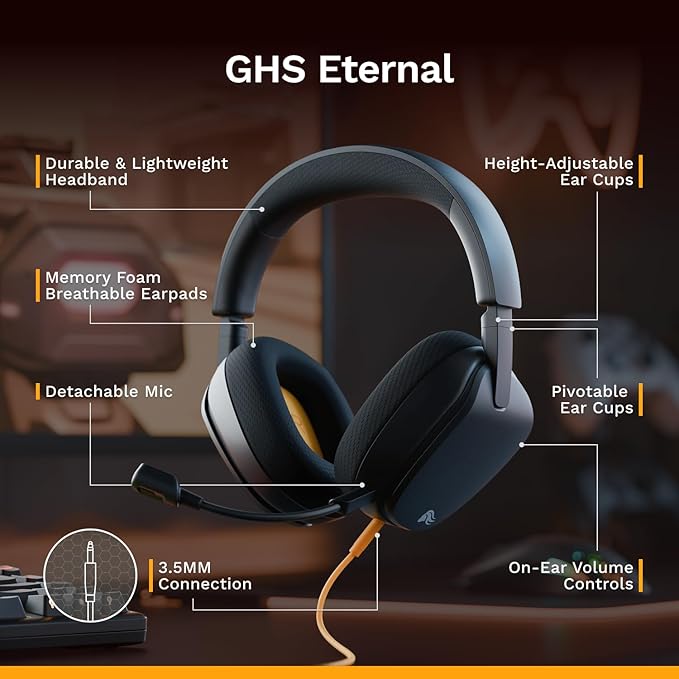 GLORIOUS GHS Eternal - Stereo Gaming Headset for PC, PS5, PS4, Xbox, Switch - Custom Tuned Angled Drivers, Adjustable Crystal Clear Detachable Mic, 3.5mm - Durable, All Day/Night Comfort - Black