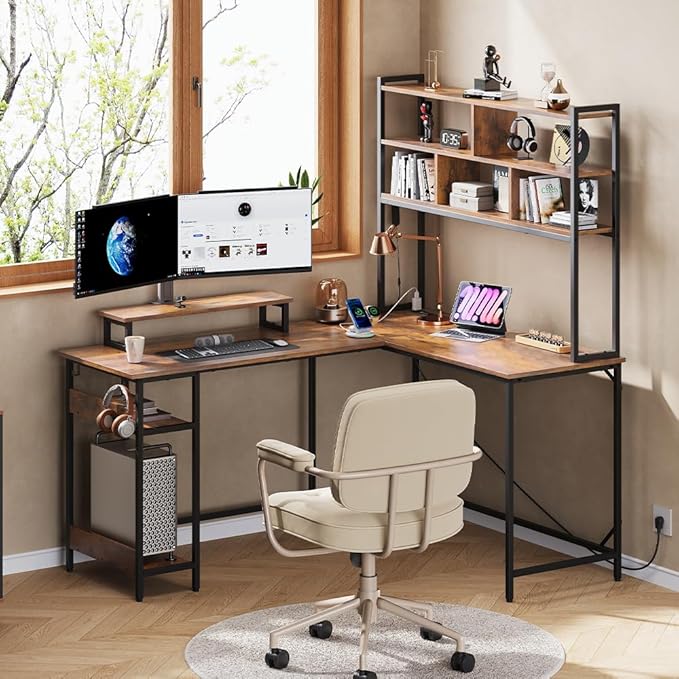 DEVAISE L Shaped Gaming Desk with Hutch, Reversible Computer Desk with LED Light, 3-Tier Shelves, 2 AC+2 USB Outlet and Monitor Stand, Corner Desk with Storage for Home Office (Rustic Brown, 60 Inch)