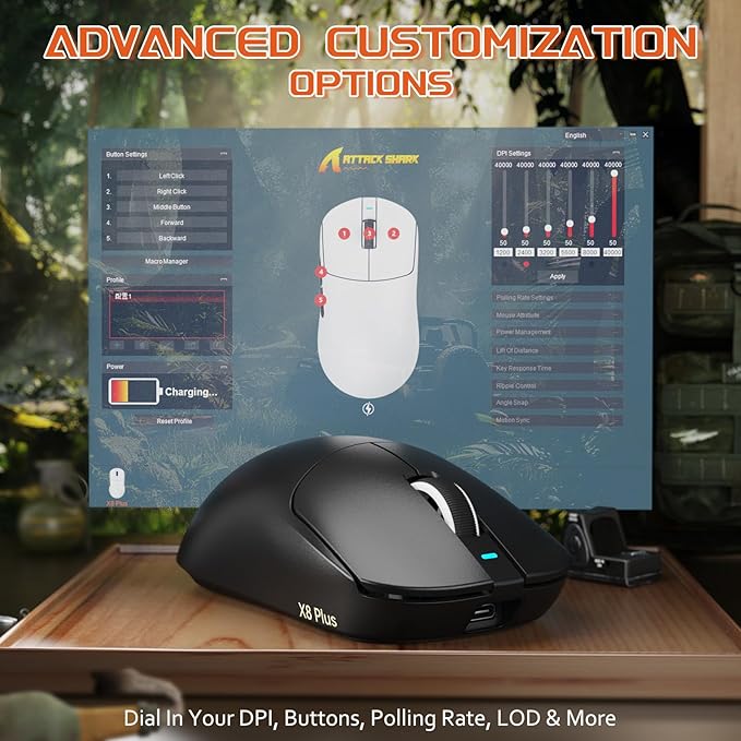 MAMBASNAKE×Attack Shark X8 Plus Wireless Gaming Mouse,Tri-Mode Connection,40000 DPI Ultra Lightweight,PAW3395PRO Sensor,150h Battery Life,5 programmable Buttons for Windows/Mac/Linux/XP-Black