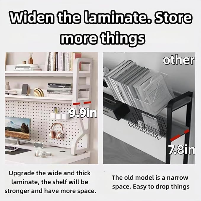Desktop Hutch Bookshelf,Many Gifts,Metal Desktop Bookcase with pegboard, Desk Shelf, Countertop Storage Organizer Rack for Dorm or Office,Desktop Shelves (White, 53.1" Lx9.9 Wx39 H)