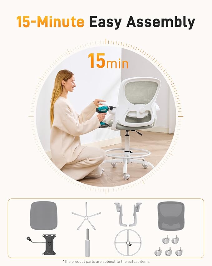 LukkDys Drafting Chair with 4D Multi-Adjustable Backrest, Tall Office Chair 19.7"-27.6" Seat Height, Ergonomic Standing Desk Chair with Flip-up Arms, Foot Ring, Grey&White