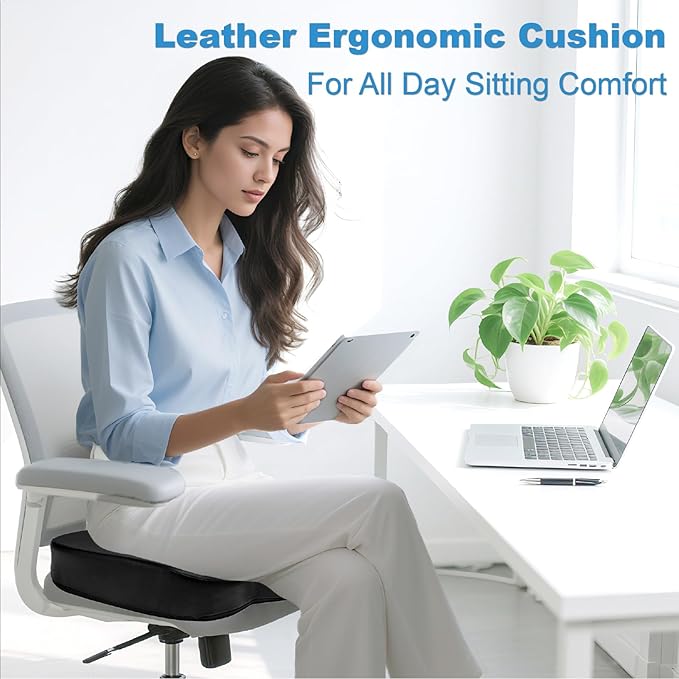 YOUFI Leather Seat Cushion for Office Chair, Ergonomic Support Memory Foam for Long Sitting, Sciatica & Tailbone Pain Relief Pillow for Desk Chair, Car Seats & Gaming Chairs