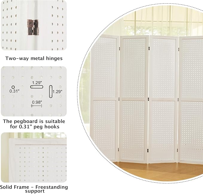 Pegboard Display, 5.6Ft Wooden Room Divider Folding Privacy Screens Portable Freestanding Wall Organizer for Retail Craft Art Display Board (4panels, White)